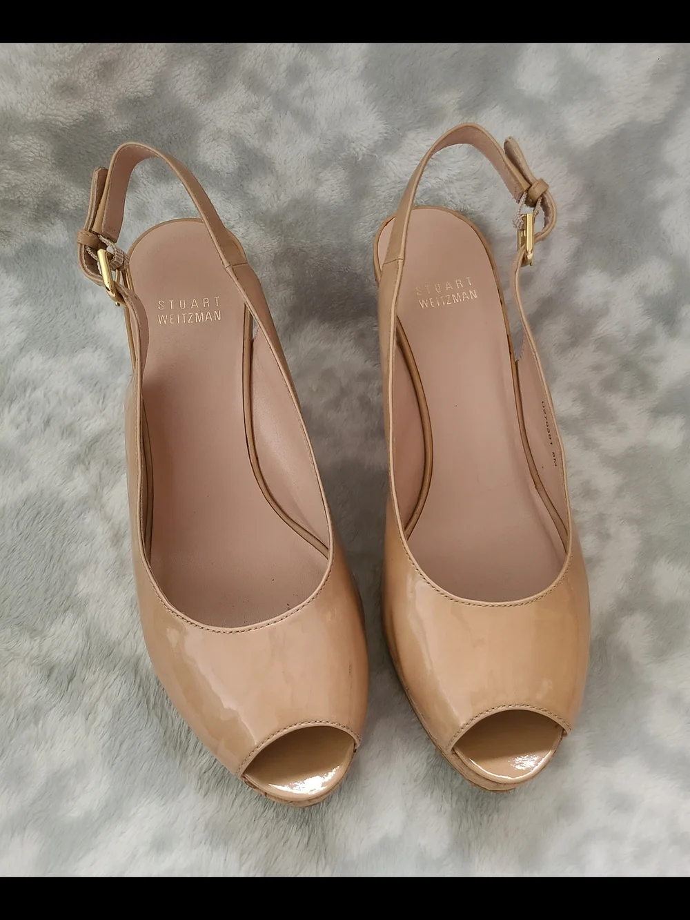 Stuart Weitzman Nude Patent Peep-Toe Cork Wedge Slingback Heels Size 8 - Picture 6 of 12
